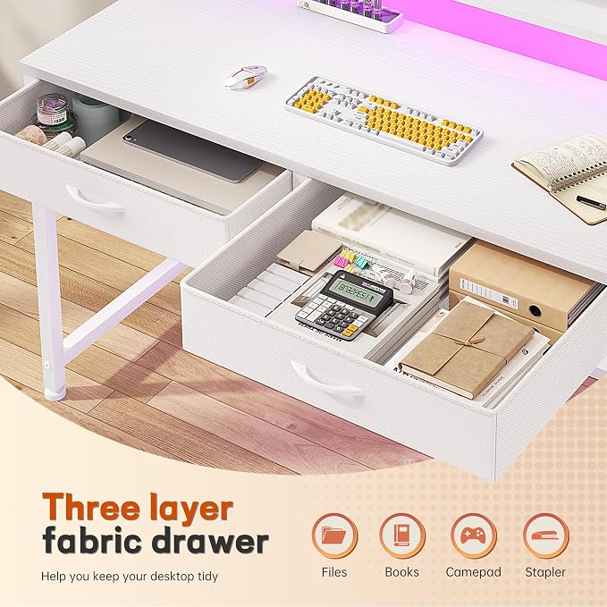 DurayLoly 39.4”Computer Desk with 2Drawers & LED Lights,Space Saving,White - Image 4
