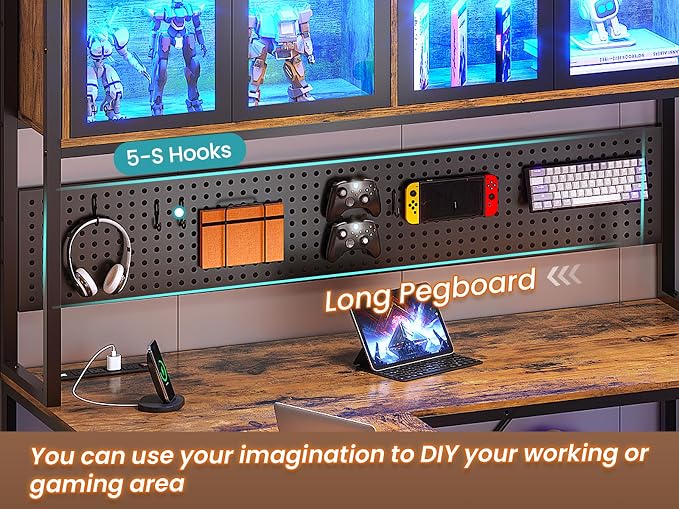SEDETA L Shaped Gaming Corner Desk with Drawers, Hutch and Storage Shelves | Reversible L Shaped Computer Desk, Gaming Desk with Pegboard, Led Lights, and Power Outlet, Home Office Desk, Rustic Brown - Image 4