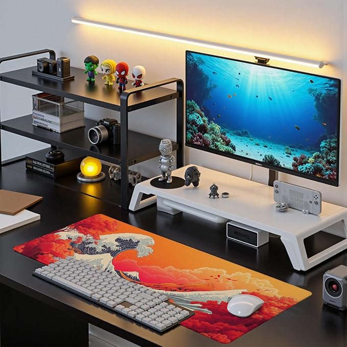 Japanese Sea Wave Mouse Pad Red Desk Mat XL Mouse Gaming Pads, Sea Keyboard Pads Extra Large Desktop Computer Mats with Non-Slip Base & Stitched Edges, Vintage Office Decor 31.5x11.8 - Image 7