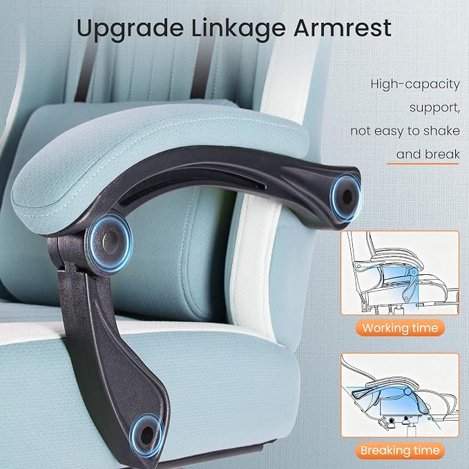 DUMOS Ergonomic Gaming Chair with Footrest, Video Game Chairs | Comfy Lumbar Support, Linkage Armrests, Tech Fabric, Pocket Spring Cushion, Office, Adults Students, Blue - Image 4