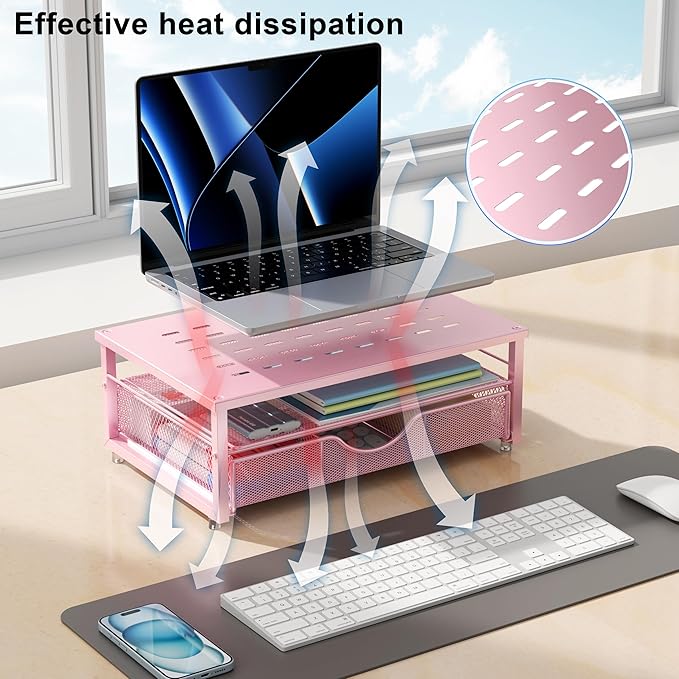 gianotter Computer Monitor Stand Riser with Drawer | Desk Organizers and Accessories Desk Accessories & Workspace Desktop Organizers Storage for Printer Stand (Pink) - Image 3