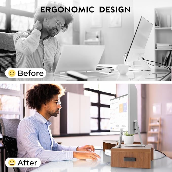 BONTEC Dual Monitor Stand Riser, Adjustable Length & Swivel Angle, Walnut | Ergonomic Wooden Desktop Organizer with Smartphone Holder, Computer Monitor Stand for PC, Laptop,Printer and Large Storage - Image 5