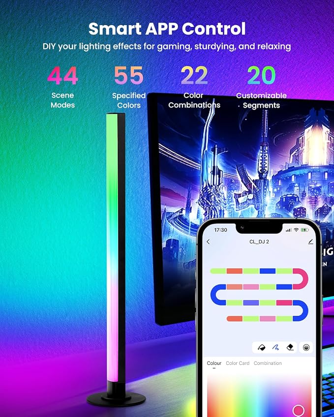 Smart RGB+IC LED Light Bars, 15 Inch Portable TV Backlight, Gaming Ambient Lighting, Color Changing Mood Light, APP Control, Voice Control, 44 Scene Mode, 16 Million Color, Music Sync, For TV, Monitor - Image 3