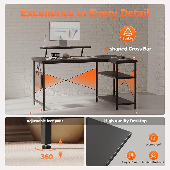 Mericonia 40 in Corner Desk with Monitor Stand, Small L Shaped Gaming Desk | Reversible Computer Desk with Power Outlets, LED Light & Storage Shelves, Office Table for Home Bedroom Study Work Writing - Image 6