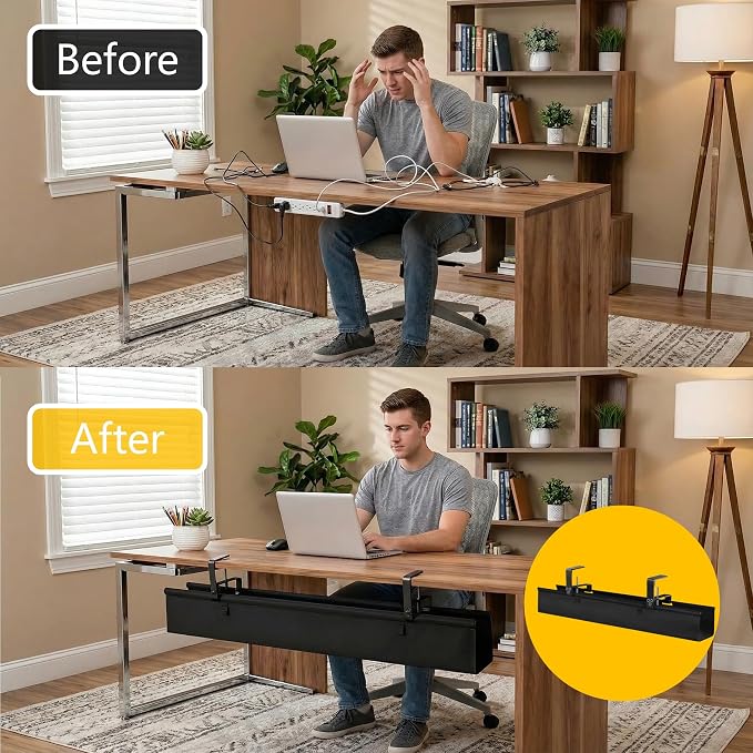 36" Under Desk Cable Management Tray - No Drill Oxford Cloth Cord Organizer with Clamp & Screw Mount - Large Capacity Fabric Cable Holder for Home Office, Gaming Desk & Standing Desk (Black) - Image 4