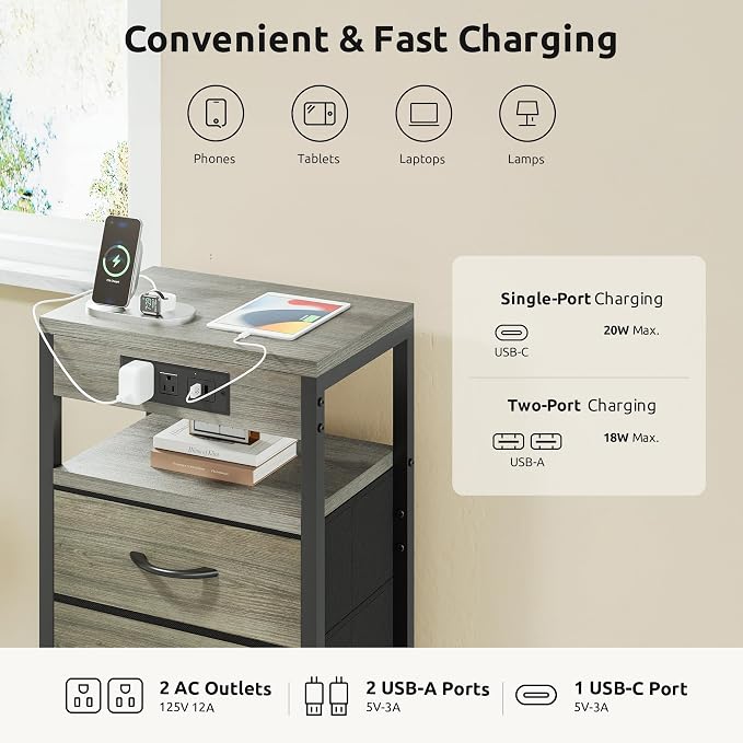 Lazzanto Night Stand with Charger Station, 3 Fabric Drawers, Grey - Image 4