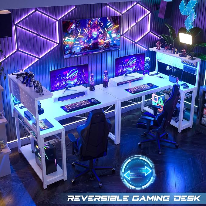 Homieasy Small Gaming Desk with Power Outlets Pegboard LED Light, 43 Inch L Shaped Computer Desk with Monitor Stand Storage Shelves, Reversible Corner Desk with Headset Hooks, White - Image 5
