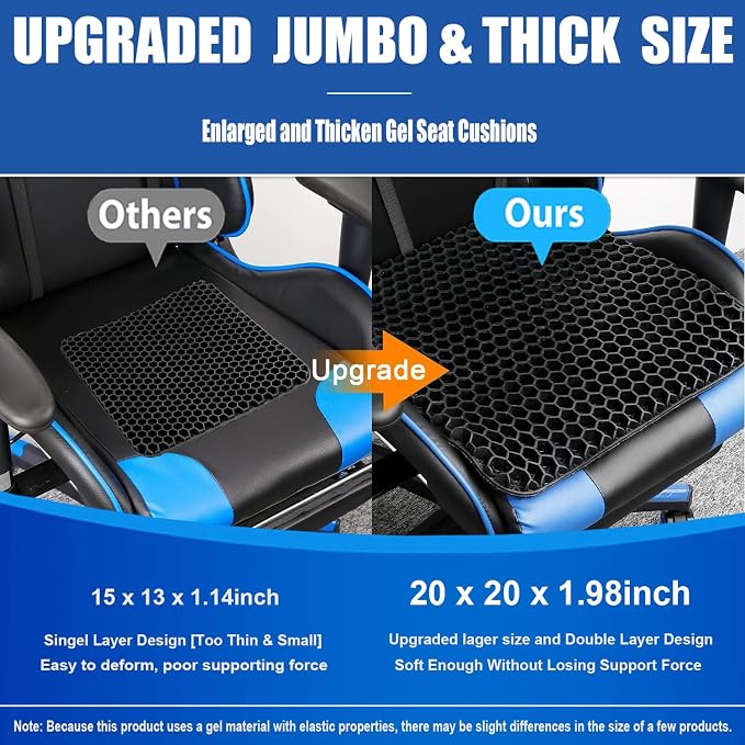 20" Gel Seat Cushion for Long Sitting Pressure Relief(Jumbo&Thick) - Wheelchair Cushion for Pressure Sores - Back, Sciatica & Tailbone Pain Relief Cushion- Non-Slip Butt Pillow for Office, Home, Car - Image 2