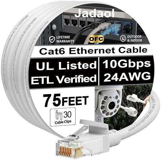 Jadaol [UL Listed Cat6 Ethernet Cable 75 ft with Clips 10Gbps PoE++, White by Jadaol
