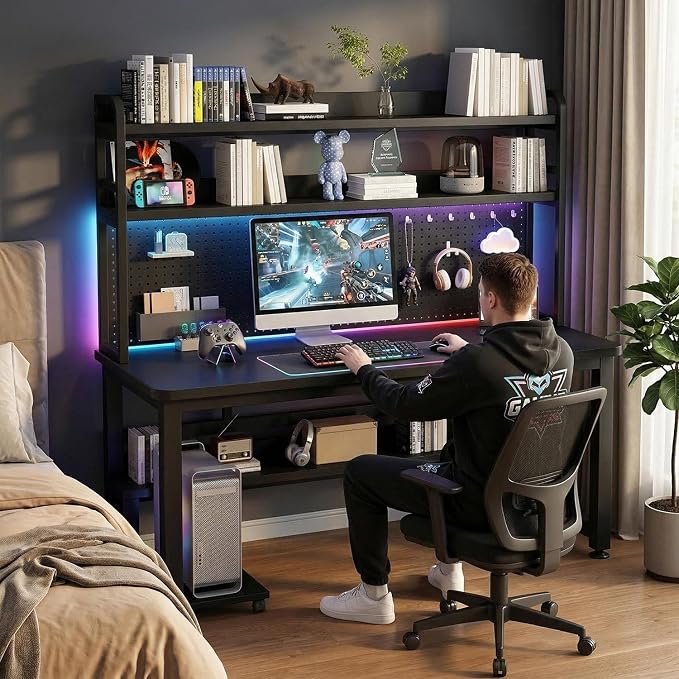 Gaming Desk with LED Lighting and Charging Station | 39 Inch Computer Desk With Hutch & Pegboard Organizer, USB-C Ports & Power Strip, Modern Workstation For Gamer Home Office - Image 7
