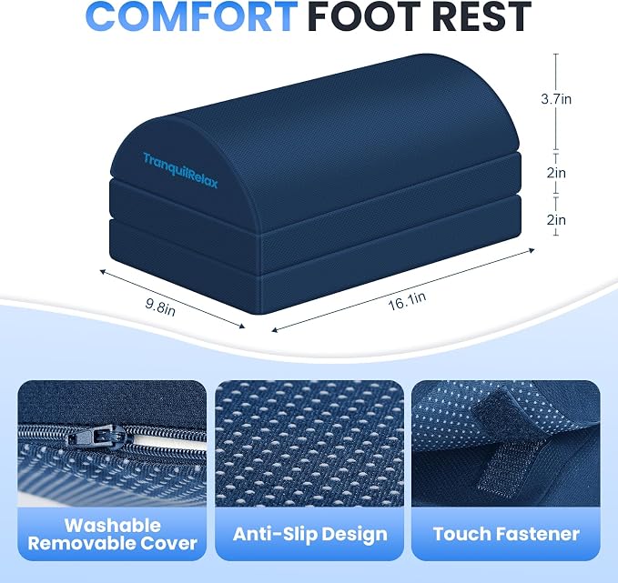 TranquilRelax Foot Rest Under Desk, 3-Height Adjustable Foot Stool, Blue | Desk foot rest, ergonomic foot support, machine-washable cover, non-slip bottom, gaming foot rest, office, car - Image 3