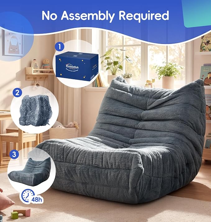 Hobestluk Medium Bean Bag Chairs Lounge Floor Chair BeanBag Couch Togo Sofa | Ergonomic Design,Memory Foam,No Assembly,Faux Fur Fireside Chair Back Support for Reading Playroom | Bluegrey Plush Medium - Image 8