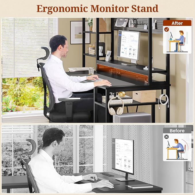65-inch Gaming Desk with Power Outlets,LED Lights, 4 Storage Shelves,Home Office Desk with Monitor Shelf, Pegboard 8 Hooks Mouse Pad, 2 Drawers, 2 Side Hooks, Black - Image 8