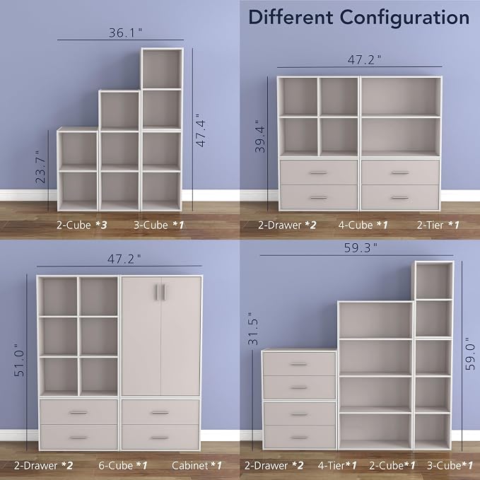 Homes: Inside + Out Apexa 3-Cube Storage Organizer Shelves, Stackable Wood Bookcase Fits Cubby Bins for Organization, Dorm Teen Room Decor & Home Office, Taupe Grey - Image 10