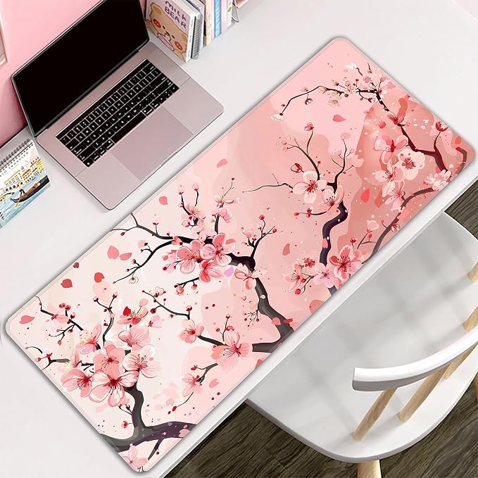 Pink Cherry Blossom Desk Mat, XXL 35.4"x15.7" Large Mouse Pad, Cute Sakura Extended Gaming Mouse Mat,Non-Slip Rubber Base Waterproof with Stitched Edges for Gaming Office Home Decor - Image 8