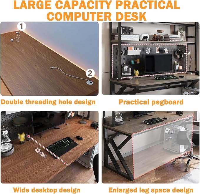 Computer Desk with Pegboard, Gaming Desk with Storage Shelves, PC Gamer Workstation Desk, Modern Study Writing Table for Home Office Bedroom (Brown, 31.5in/80cm) - Image 4