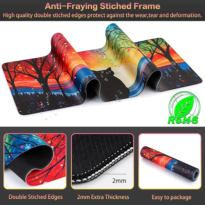Canjoy Gaming Mouse Pad, 31.5x15.7in Anime Kawaii Large Mouse Pads for Desk | Cute Black Cats Desk Mat for Keyboard and Mouse Computer Big Full Size Desk Pad with Non-Slip Rubber Base and Stitched Edge - Image 6