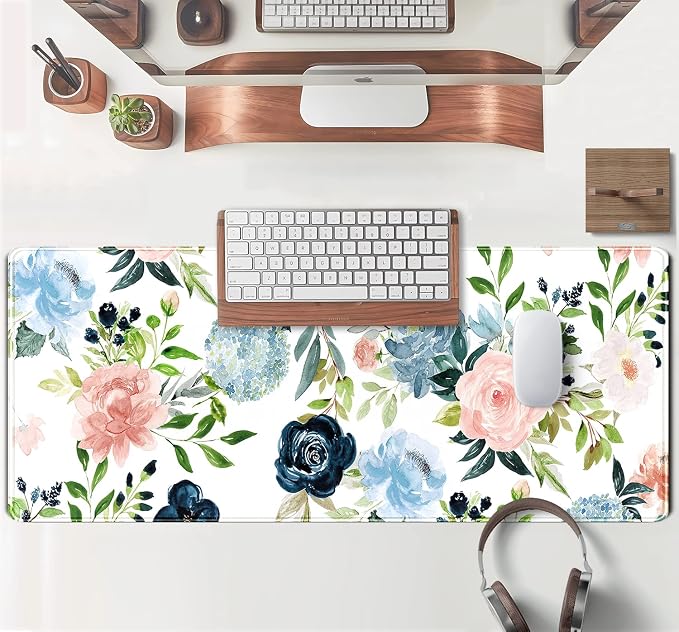 Gaming Green Desk Mat Desk Mouse Pads Purple Blue Pink Floral Mouse Pad Large, XL Big Computer Keyboard Mouse Mat Desk Pad Mat with Stitched Edge for Women Home Office Decor Deskmat 31.5x11.8 in - Image 4