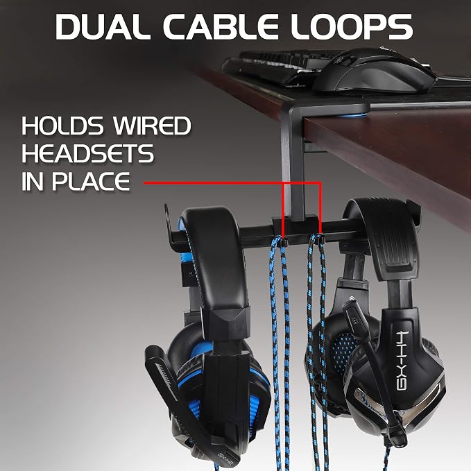 ENHANCE PC Gaming Dual Headphone Stand - Clip-On Desk Headphone Holder with Adjustable 360 Rotation, Under Desk Headset Holder, Universal Fit, & Double Cable Loops Organizer with Silicone Pads - Image 4