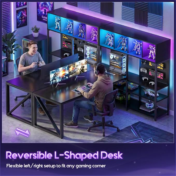 AODK 63" L Shaped Gaming Desk with Display Hutch and Large Desktop, Black | LED Lights, Power Outlets, PC Tower Display Shelf, Pegboard, Storage Shelves, Reversible Layout for Gaming and Home Office - Image 8