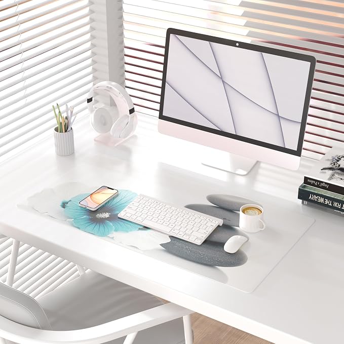 QiyI PU Leather Large Mouse Pad, 31.5" x 15.7", Pebbles Flowers | Desk Décor Accessories, Extended Size, Waterproof & Easy to Clean, Smooth Surface, Non Slip Desk Organization - Image 2