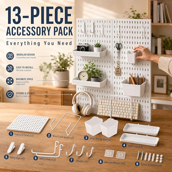 AKTOP Plastic Peg Board Wall Organizer 4-Pack, 12"x12" Pegboard Kit, White | Includes 13 Accessories, Adhesive or Drill Mounting, Superior Load Capacity, Ideal for Office, Gaming Room, Craft Room - Image 3
