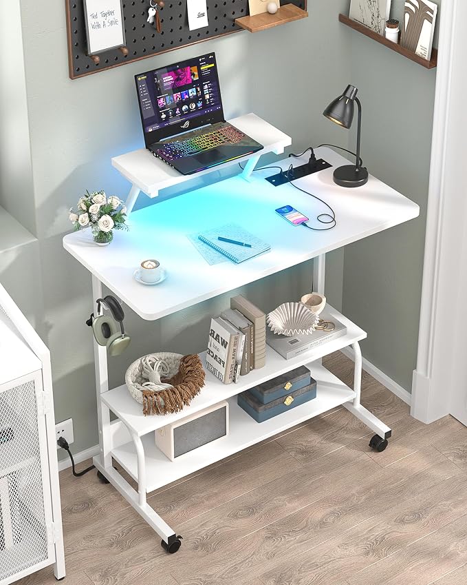 Height Adjustable Standing Desk with Power Outlets and LED Lights - 32" Manual Stand Up Desk with Monitor Stand and Storage Shelves Small Mobile Rolling Computer Desk Portable Laptop Table, White - Image 2