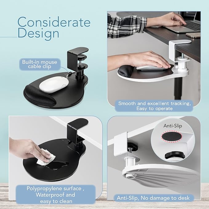 EHO Clamp on Mouse Platform, Clip on Pad Rotating 360 Degree, w/Comfortable Gel Wrist Rest, Ergonomic, Attachment, Slide Out Tray, Suitable for 1.5" Thickness Desk, for Home Office Desk Organizer - Image 5