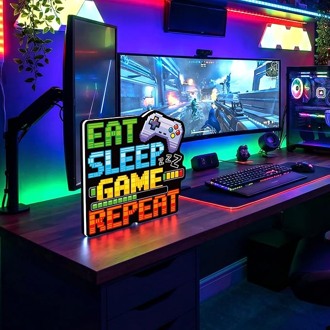 Eat Sleep Gaming Repeat LED Light Sign, Dimmable LED Gaming Room Decor Wall Light, Game Setup Room Sign for Bedroom, Neon Gaming Decor Neon Light, Gamer Gift for Teen Boys Men Boyfriend - Image 3