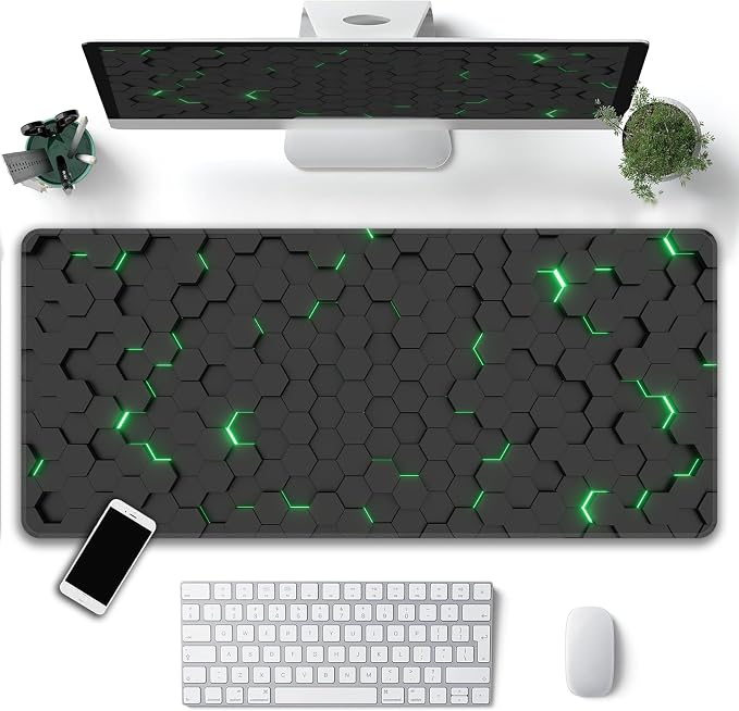 Green Hexagon Honeycomb Desk Mat, XXL 35.4"x15.7" Large Mouse Pad, Geometric Extended Gaming Mouse Mat,Non-Slip Rubber Base Waterproof with Stitched Edges for Gaming Office Home Decor - Image 2