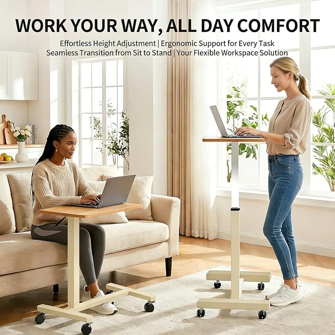Adjustable Overbed Table with Wheels, Pneumatic Height Lift Rolling Bedside Table, Standing Desk for Home & Office Use, Ideal for Seniors & Limited Mobility(Walnut White) - Image 4