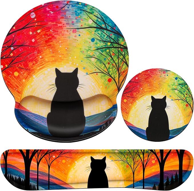 3-in-1 Mouse Pad with Wrist Rest Cute Black Cat Set by QOMOLAMA