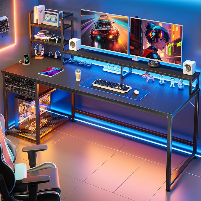 EnHomee 55 Inch Gaming Desk with Hutch and Drawers,Reversible Computer Desk with Monitor Shelf,Home Office Desks with USB Power Outlets and Storage,Pc Work Desk for Office with LED Lights,Black - Image 2