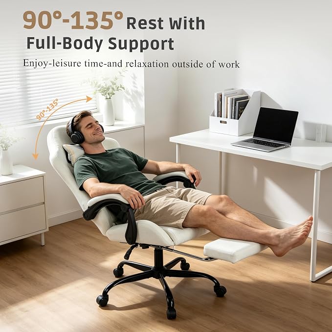 Fabric Gaming Chair for Adults, Ergonomic Computer Office Desk Chair with Footrest,Pocket Spring Cushion, Reclining High Back Silla Gamer for Home Office, White - Image 3