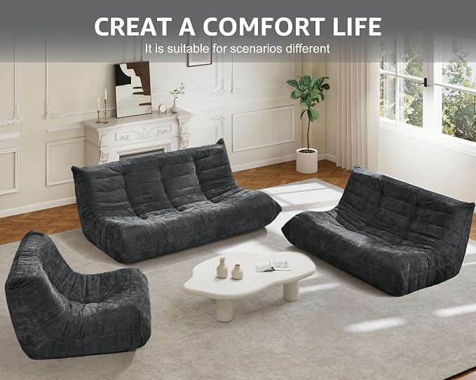 Hobestluk Large Bean Bag Chairs for Adults Fireside BeanBag Couch Togo Sofa | Ergonomic Design,Memory Foam,No Assembly,Faux Fur Fireside Lounge Floor Chair Back Support Dorm | Darkgrey Chenille Loveseat - Image 8
