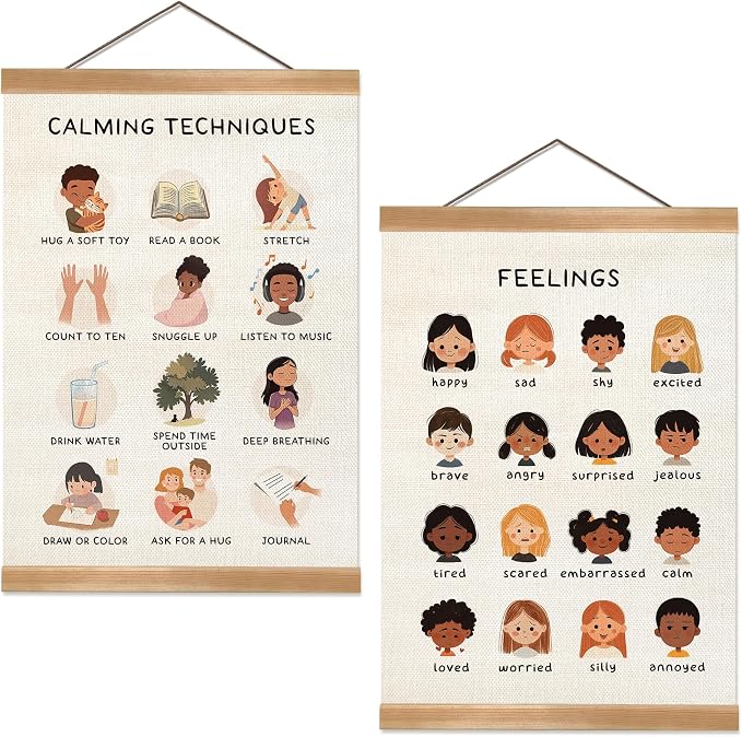 Feelings Chart & Emotional Learning Poster, Hanging Linen Canvas Wall Art with Solid Wood Frame, Montessori Social Skills Poster for Kids, Home & Classroom Decor – 2Piece Set 12x16 Inches (Feelings) by Unknown