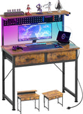 MUTUN Small Desk with Drawers, 31 Inch Computer Desk with Power Outlet & LED Light, Gaming Desk with Adjustable Monitor Stand & Pegboard, Modern PC Study Writing Table for Bedroom, Rustic Brown by MUTUN