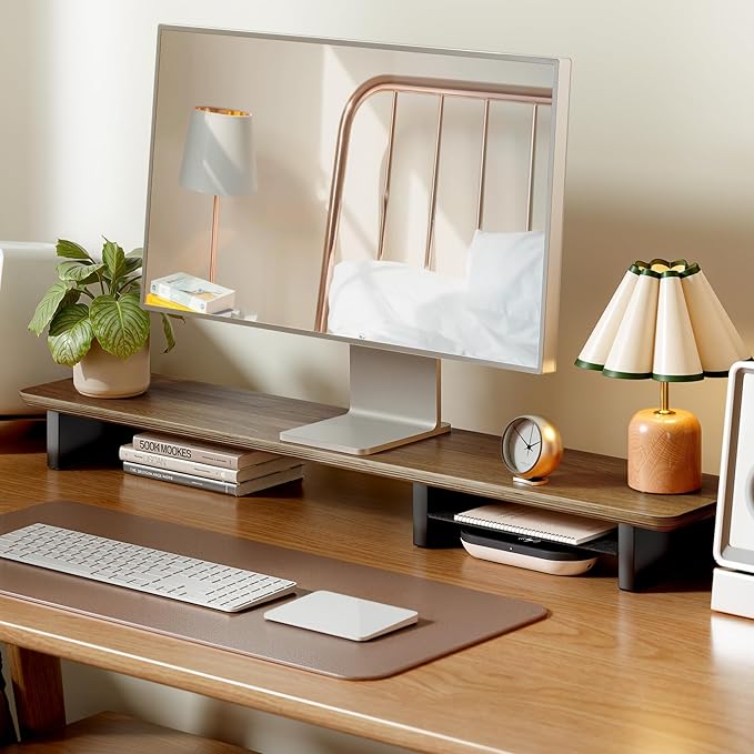 PEGZONE 46" Dual Monitor Riser, Metal Shelf Wooden Desk Organizer | Walnut Wooden Desk Shelf for 2 Monitors/TV,Monitor Stand Riser for Desk, Wood Monitor Stand Organizer for Home Office - Image 2