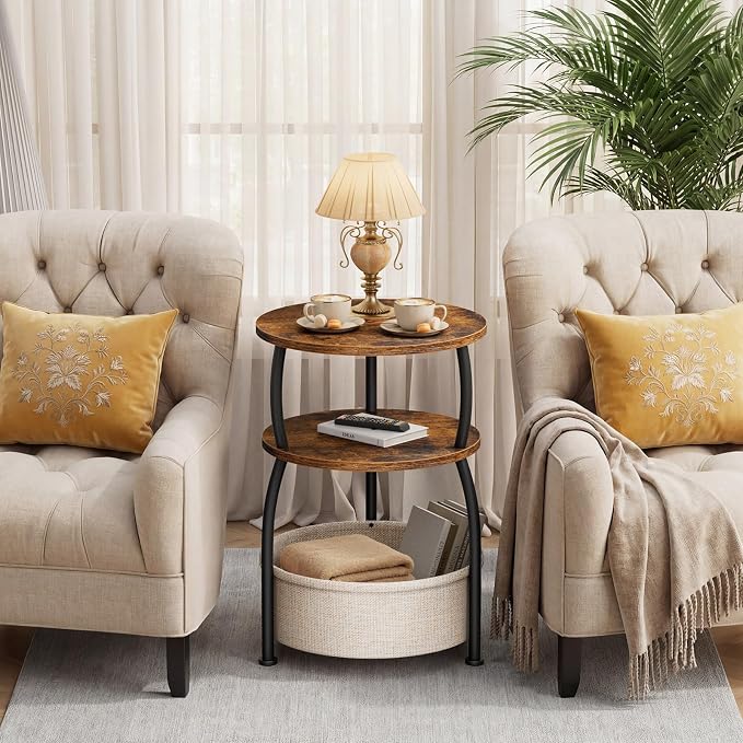 Round Side Table with Storage Basket for Living Room Rustic Brown - Image 5