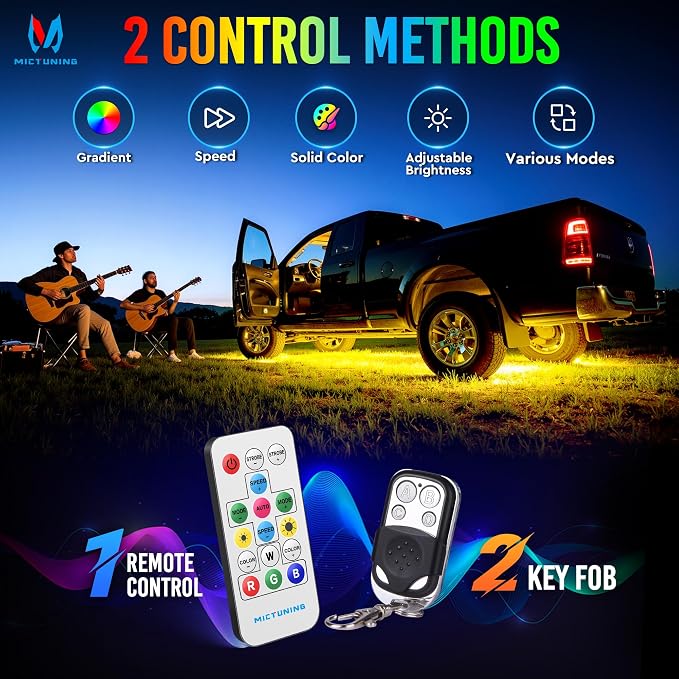 MICTUNING U8 RGB+IC Underglow LED Light Bars (8-Piece Kit) 888 LEDs, Dual Remote Control, Chasing/Fading Modes, IP68 Waterproof Aluminum Housing - Image 3
