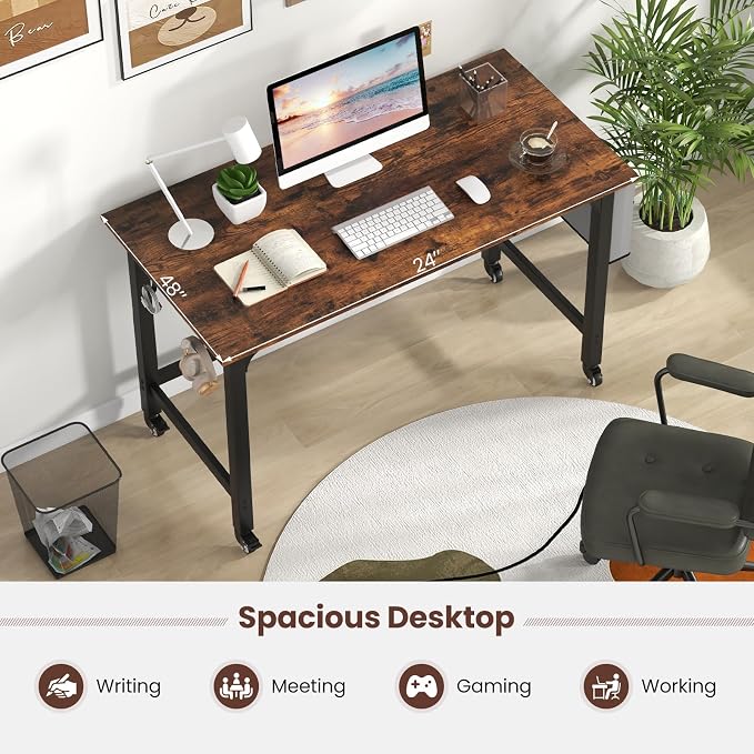COSTWAY 48” Mobile Computer Desk, Home Office Desk on Wheels, with Reversible Storage Bag & 2 Earphone Hooks, 4 Lockable Wheels, Metal Frame, for Small Space (Black + Rustic Brown) - Image 7