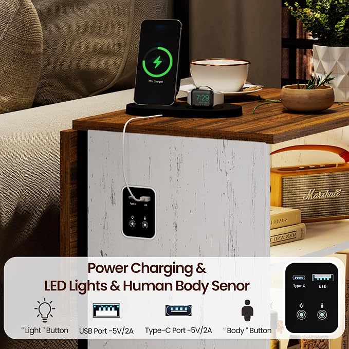 Dystler Rolling Side Table Set of 2 on Wheels, with Charging & LED Lights - Image 5