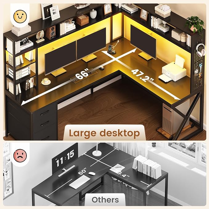SEDETA L Shaped Gaming Desk with Storage Shelves, Hutch, Drawers | Convertible 94.5" Computer Desk with Power Outlet, LED Lights, Pegboard, Corner Gaming Table for Home Office, Black - Image 7