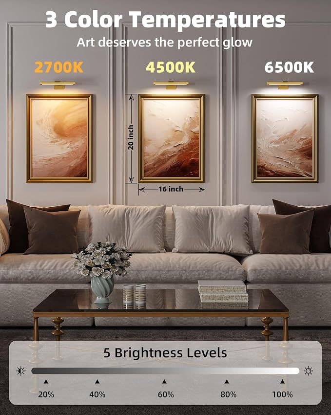 EZVALO Picture Light for Wall, Rechargeable 2400mAh Gold Lights Wireless with IR Remote, 3 Color & Dimmable Magnetic 7.87'' LED Lights Display for Painting, Living Room, Gallery, Bedroom Art (2P) - Image 4