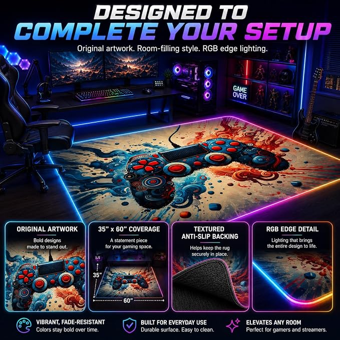 Gaming Rug RGB LED Light (3x5 Waveburst Controller) - Bedroom Gamer Rug Floor Mat Gaming Decor - Kids Room Rug Anti Slip Mat for Gamer Chair – Play Game Room Décor for Teen, Boys, Kids - Image 4