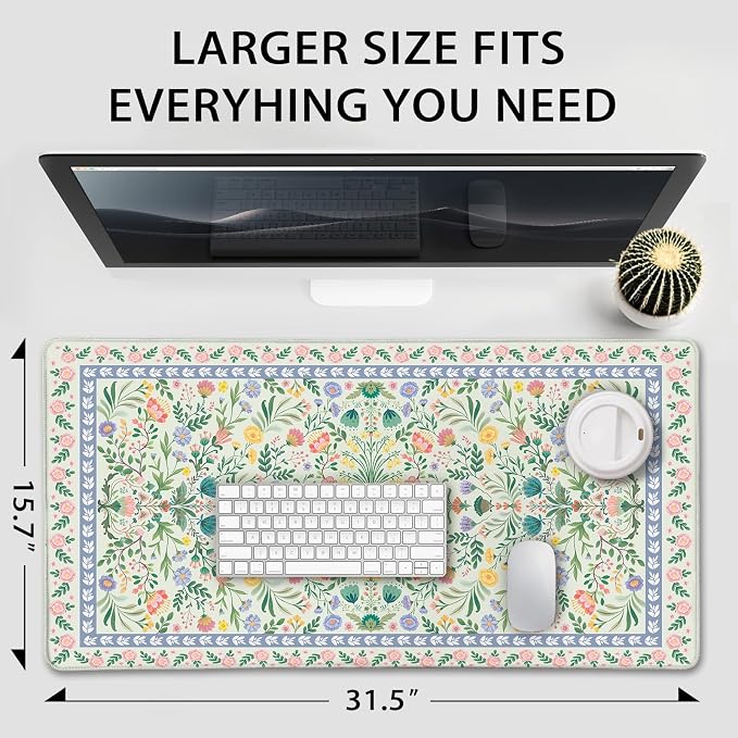 Green Floral Desk Mat Large Mouse Pad 31.5"x15.7" Non-Slip | Extended Mousepad, Non-Slip Rubber Base , Stitched Edges, for Computer/Laptop/Office/Home - Image 4