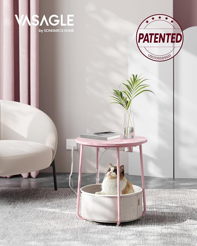 VASAGLE Side Table with Charging Station,Fabric Basket, Round End Table - Image 3