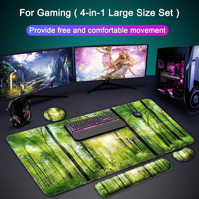 4 in 1 Mouse Pad and Keyboard Wrist Rest,Large Desk Mat,Coaster Set-Forest - Image 8
