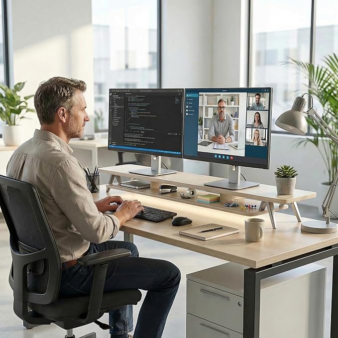Fenge Dual Monitor Stand Riser, Wooden Desk Shelf with 2-Tier Storage | 47.2-Inch Extra Wide, Sturdy Aluminum Legs, Built-In Phone & Tablet Slot, Desktop Organizer for Office Accessories - Image 9