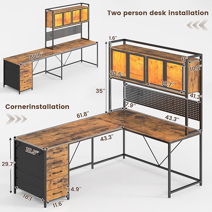 SEDETA L Shaped Gaming Corner Desk with Drawers, Hutch and Storage Shelves | Reversible L Shaped Computer Desk, Gaming Desk with Pegboard, Led Lights, and Power Outlet, Home Office Desk, Rustic Brown - Image 3